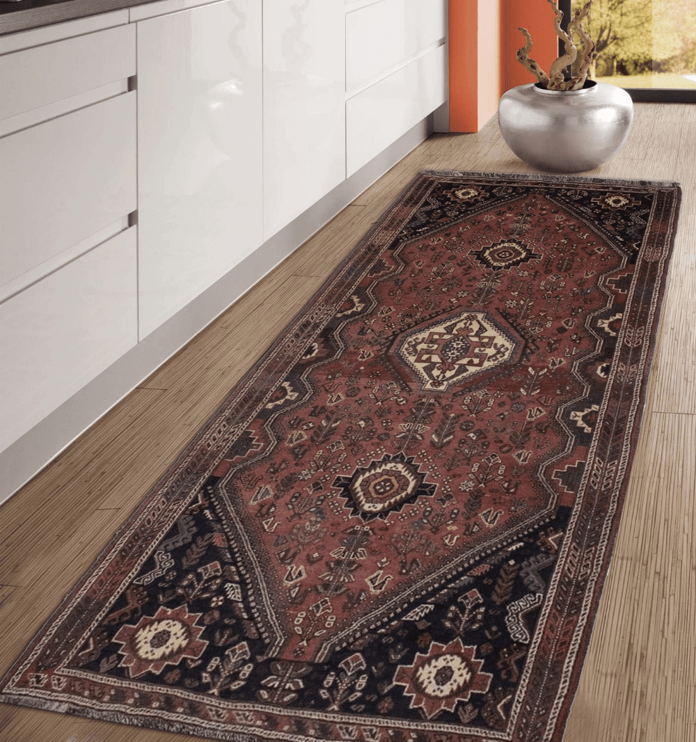 Vintage Rusty Red Tribal 4X9 Shiraz Persian Rug affordable handmade Persian rugs