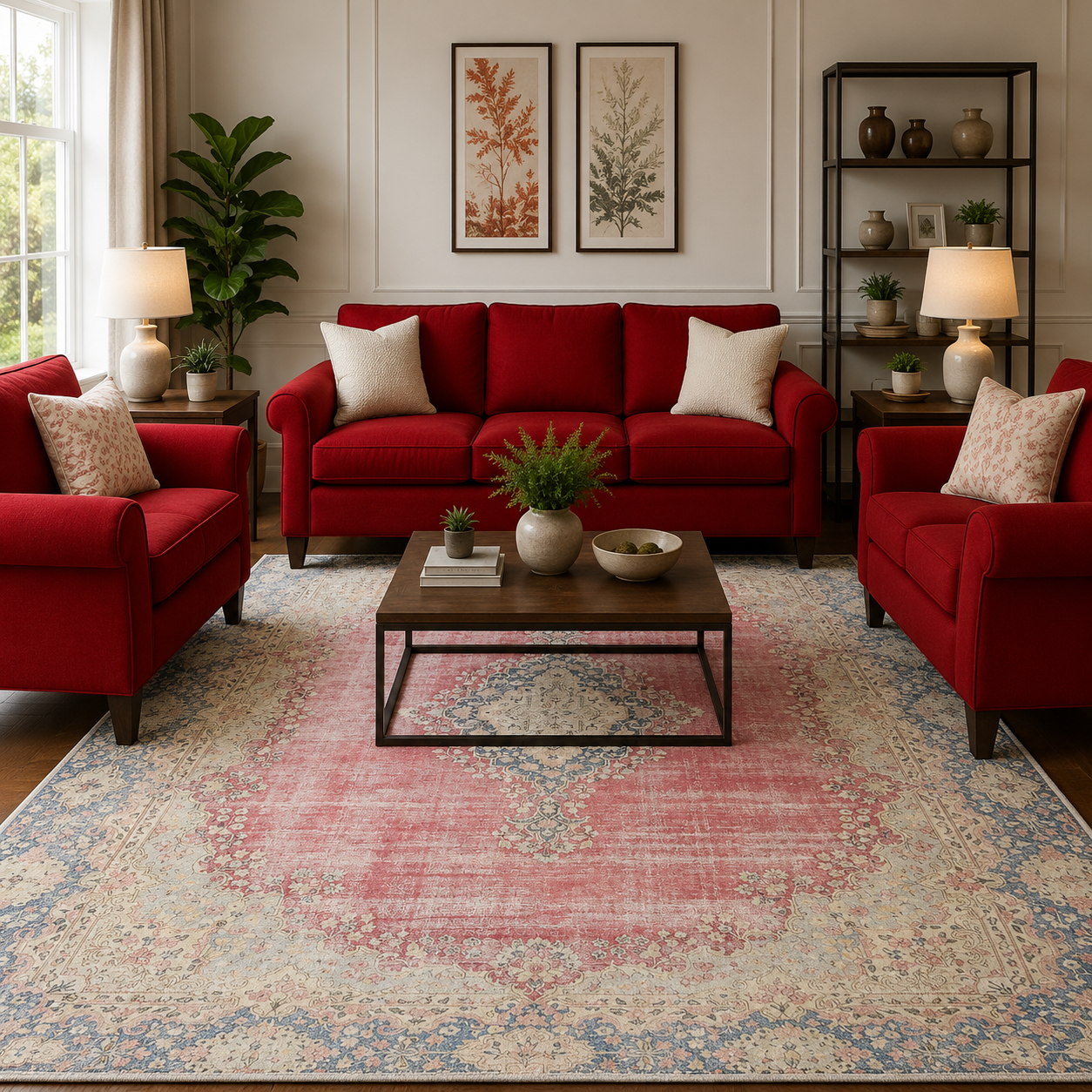 antique-muted-red-floral-9x12-distressed-washed-oriental-rug-with-red-couch