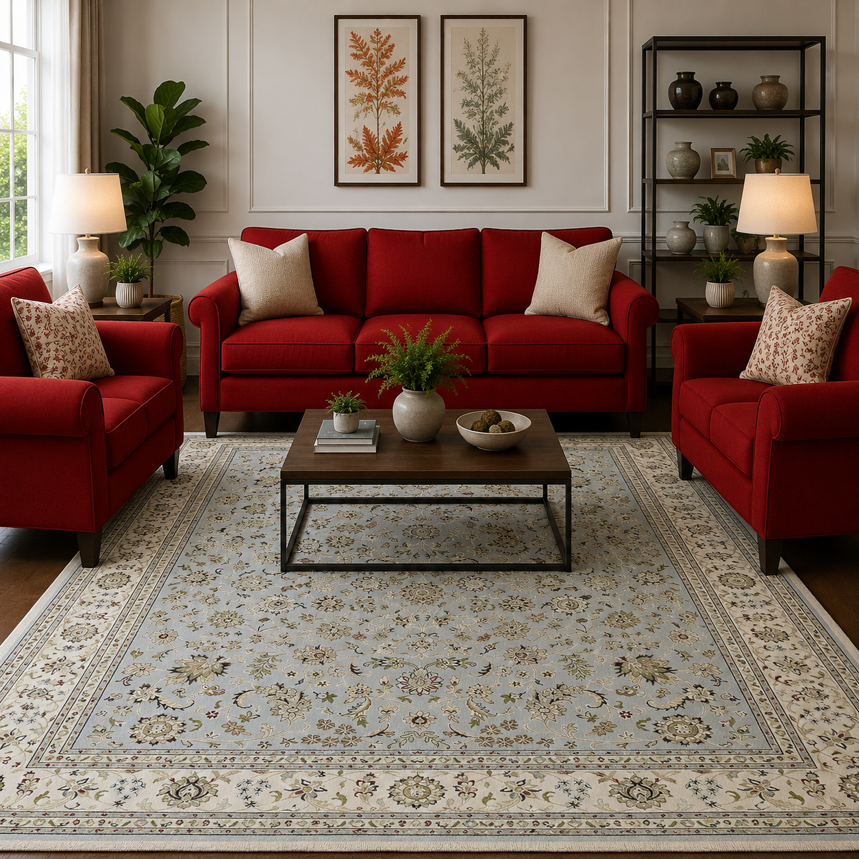 light-blue-gray-floral-8x10-indo-nain-oriental-rug-with-red-couch