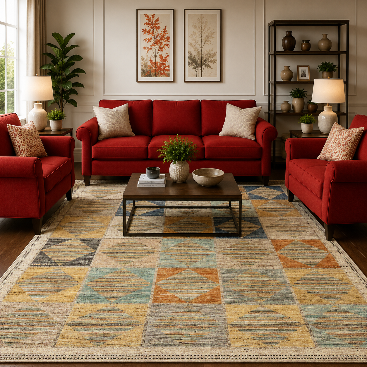 multicolored-tribal-modern-8x10-moroccan-style-oriental-rug-with-red-couch