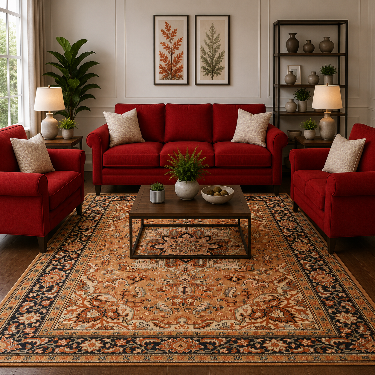 vintage-floral-traditional-8x11-heriz-persian-rug-with-red-couch