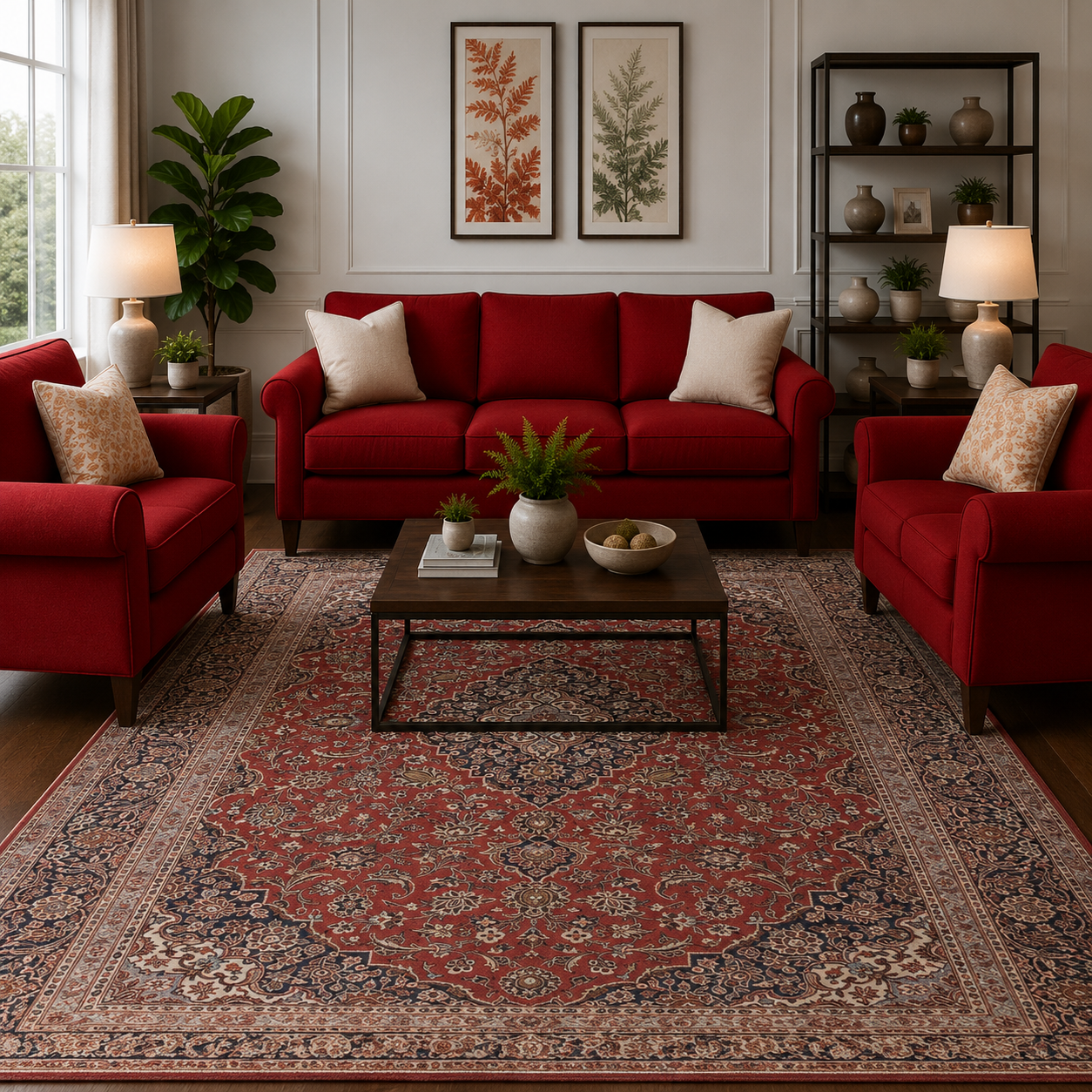 vintage-red-navy-blue-8x12-kashan-persian-rug-with-red-couch