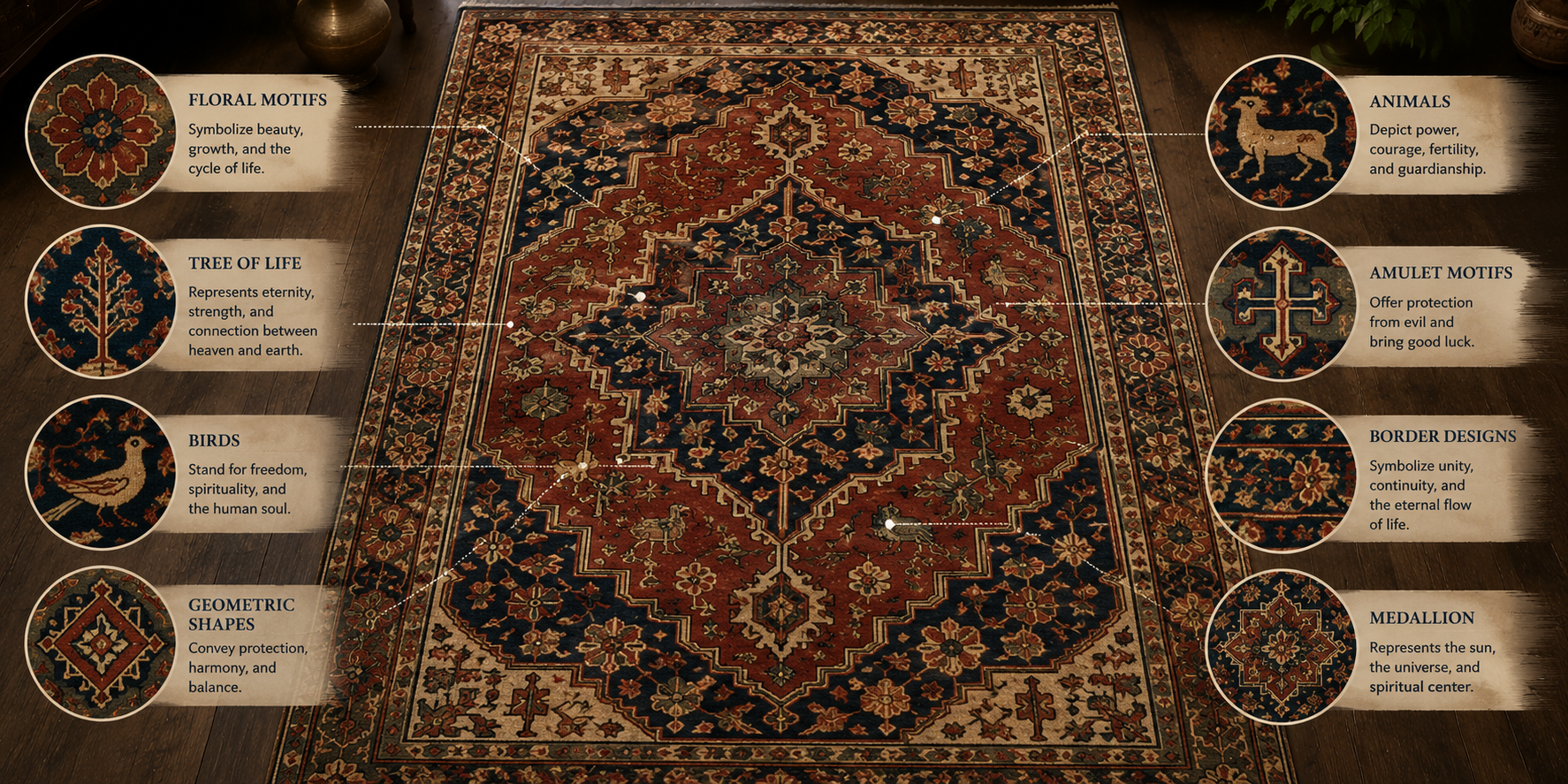 signs and symbols on antique Persian rugs