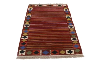 Red Tribal Stripes & Border 4X6 Gabbeh Persian Rug