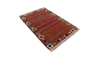 Red Tribal Stripes & Border 4X6 Gabbeh Persian Rug