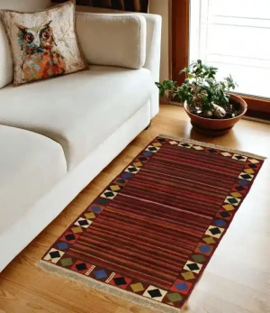 Red Tribal Stripes & Border 4X6 Gabbeh Persian Rug