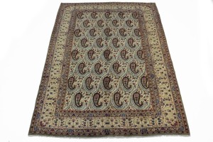 Semi Antique Cream Floral 7X11 Kashan Boteh Persian Rug