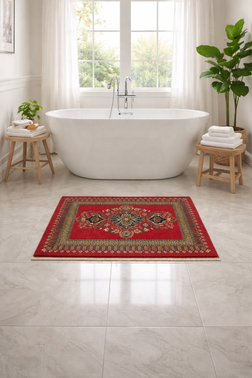 Pair of Small Vintage Coral Red Floral 2' x 3' Kashan Persian Rug