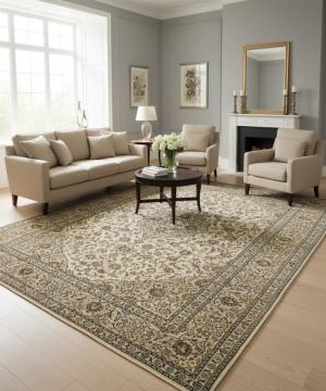 Semi Antique Cream Traditional 10' x 13' Kashan Persian Rug