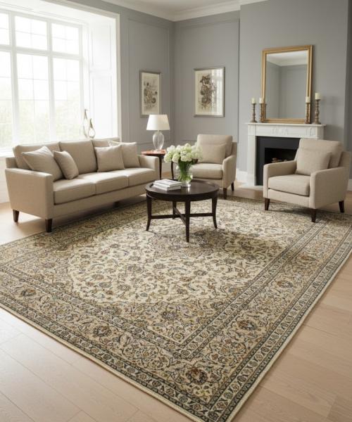 Semi Antique Cream Traditional 10' x 13' Kashan Persian Rug