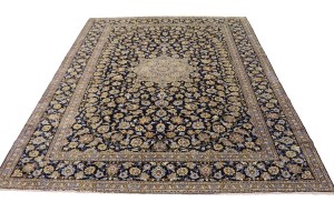 Vintage Navy Blue Traditional 10X13 Kashan Persian Rug