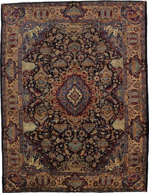 Vintage Dark Navy Pictorial 10X13 Kashmar Persian Rug