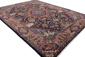 Vintage Dark Navy Pictorial 10X13 Kashmar Persian Rug