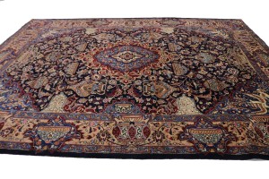 Vintage Dark Navy Pictorial 10X13 Kashmar Persian Rug