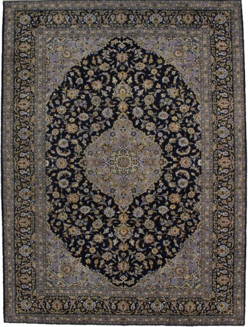 Vintage Dark Navy Traditional 10X13 Kashan Persian Rug