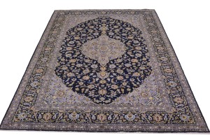 Vintage Dark Navy Traditional 10X13 Kashan Persian Rug