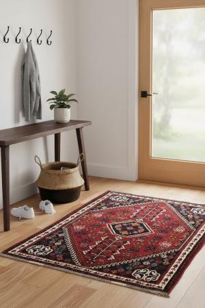 3'6 x 5'0 Floral Red Hand Knotted Shiraz Wool Persian Rug