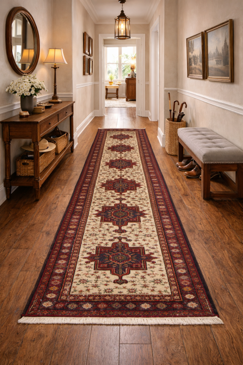 Vintage Ivory Geometric 3' x 12' Karajeh Persian Runner Rug