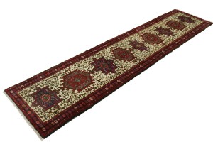 Vintage Ivory Geometric 3X12 Karajeh Persian Runner Rug
