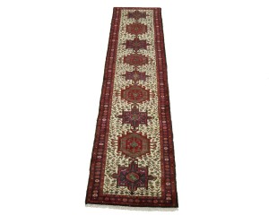 Vintage Ivory Geometric 3X12 Karajeh Persian Runner Rug