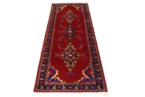 Red Semi Antique Red Tribal 4X10 Hamedan Persian Runner Rug