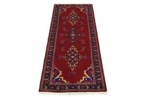 Red Semi Antique Red Tribal 4X10 Hamedan Persian Runner Rug