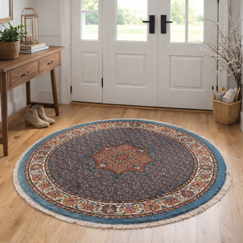 Teal Blue Floral 4' x 4' Bidjar Halvaei Persian Round Rug