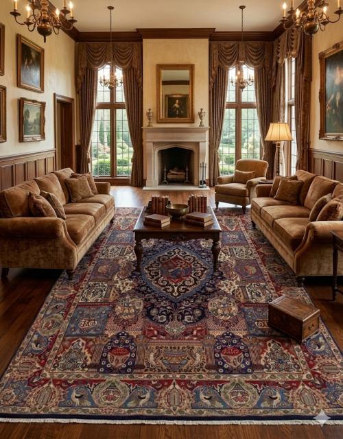 Semi Antique Navy Blue Pictorial 9'8"x12'5" Kashmar Persian Rug