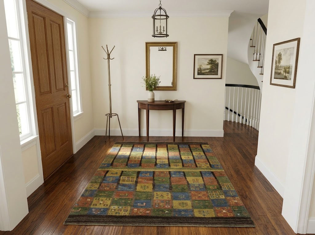 Brown & Olive Checkered 4X5 Gabbeh Persian Rug - Image 2