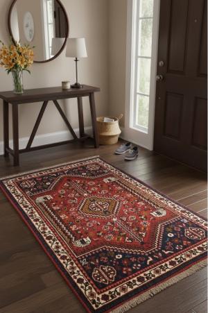 3'6 X 5'1 Floral Hand Knotted Red Shiraz Wool Persian Rug