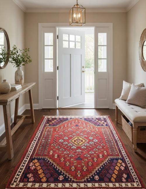 Scarlet Red Tribal 3'5X4'9 Shiraz Persian Rug