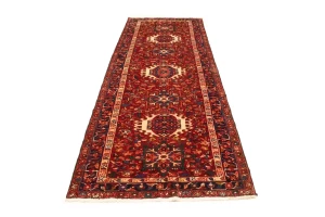 Vintage Red Geometric 4X11 Karajeh Persian Runner Rug