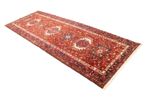 Vintage Red Geometric 4X11 Karajeh Persian Runner Rug