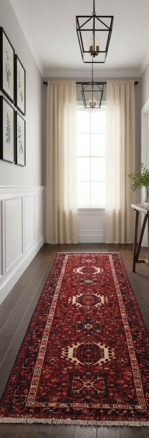 Vintage Red Geometric 4X11 Karajeh Persian Runner Rug