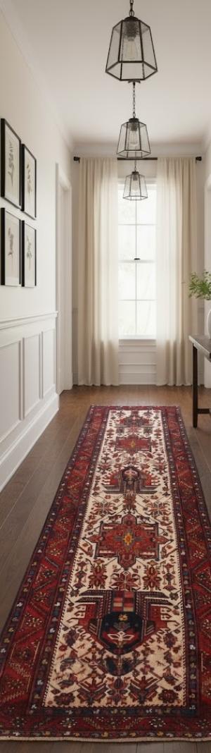 Semi Antique Cream Geometric 4X12 Karajeh Persian Runner Rug