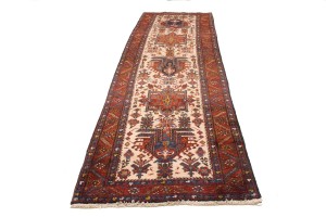 Semi Antique Cream Geometric 4X12 Karajeh Persian Runner Rug