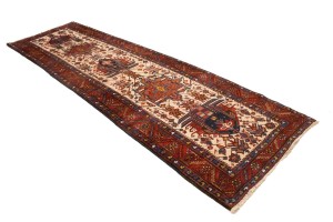 Semi Antique Cream Geometric 4X12 Karajeh Persian Runner Rug