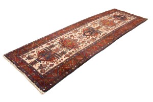 Semi Antique Cream Geometric 4X12 Karajeh Persian Runner Rug