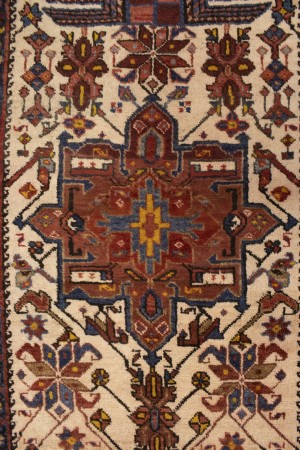 Semi Antique Cream Geometric 4X12 Karajeh Persian Runner Rug