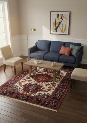 Vintage Cream Tribal 5X8 Karajeh Persian Rug