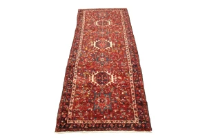 Vintage Red Geometric 4X11 Karajeh Persian Runner Rug