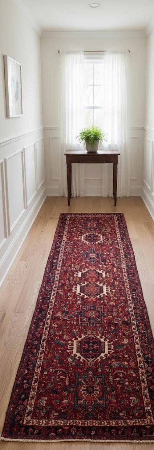 Vintage Red Geometric 4X11 Karajeh Persian Runner Rug