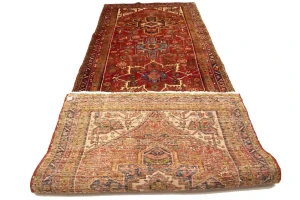 Semi Antique Red Traditional 4'5X12'8 Heriz Persian Runner Rug