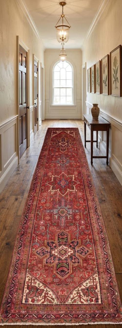 Semi Antique Red Traditional 4'5X12'8 Heriz Persian Runner Rug