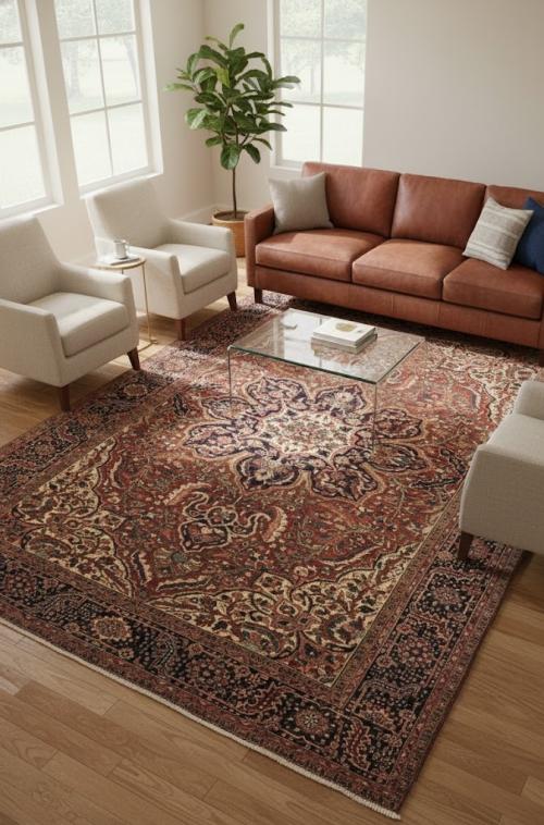 Antique Rusty Red Floral 10'3X14'5 Heriz Goravan Persian Rug