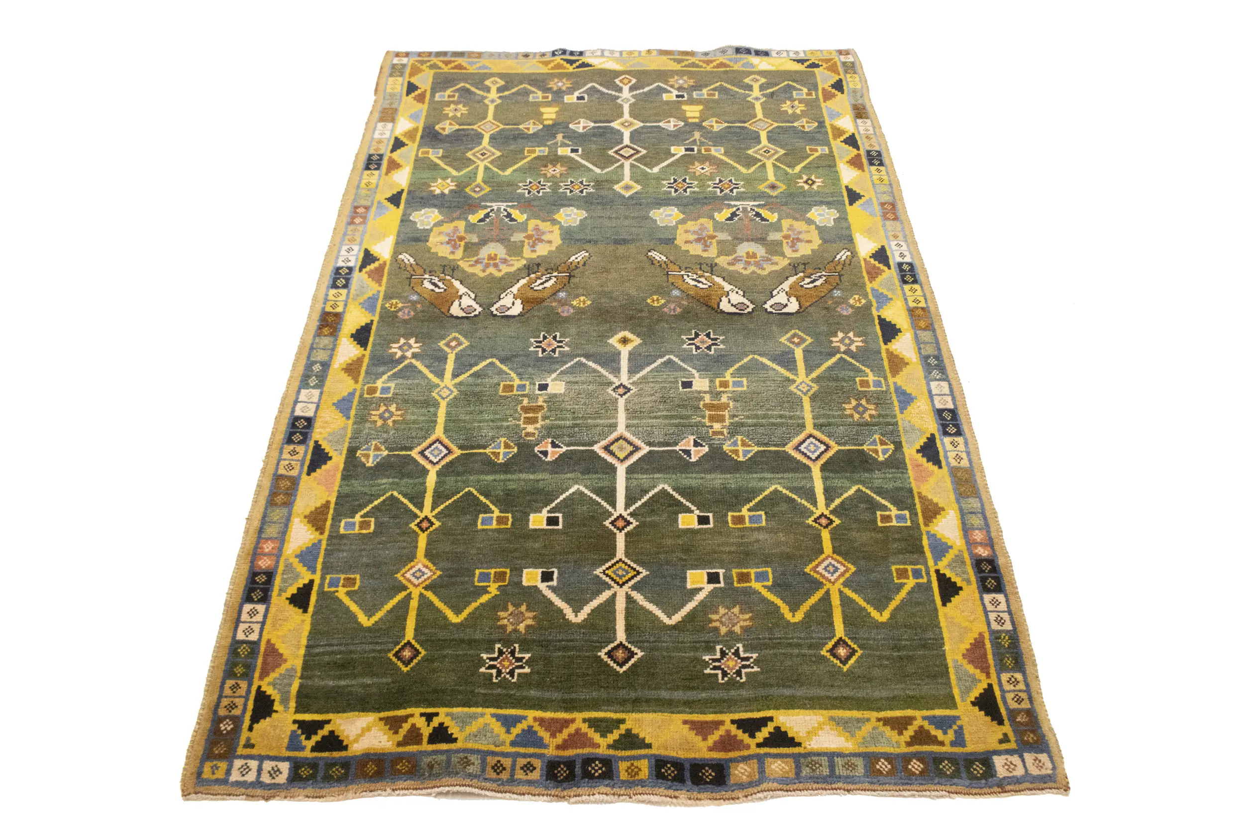 Vintage Gray & Olive Pictorial 4X7 Shiraz Persian Rug