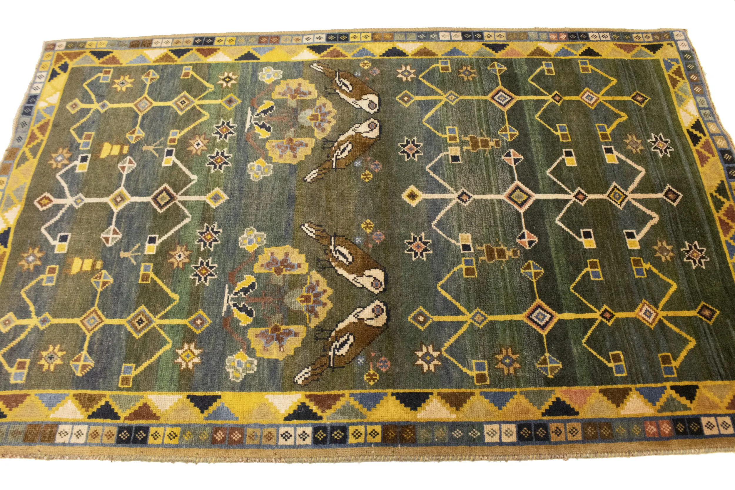 Vintage Gray & Olive Pictorial 4X7 Shiraz Persian Rug