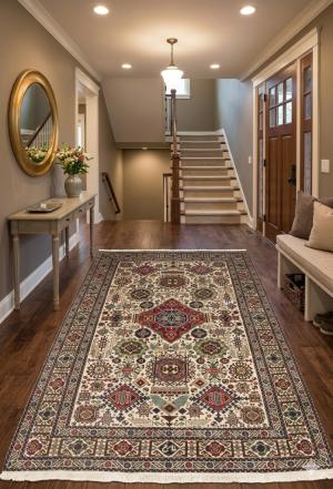 Vintage Cream Pictorial 4'5X6'5 Ardebil Tabriz Persian Rug