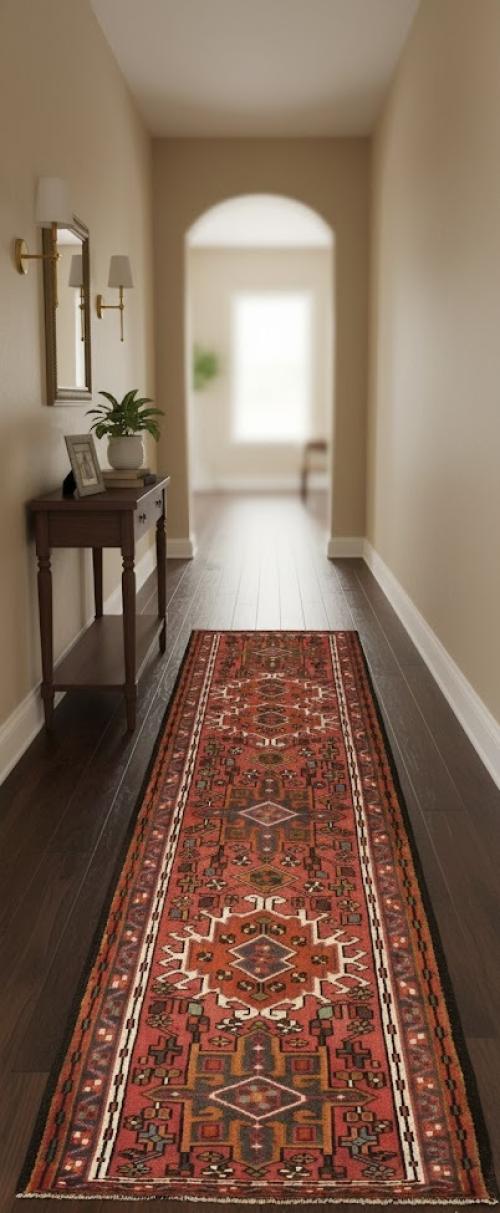 Vintage Rusty Red Geometric 2X6 Karajeh Persian Runner Rug