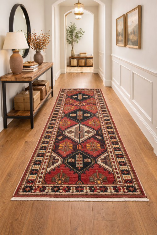 Vintage Rusty Red Floral 3'5X10'3 Bakhtiari Persian Runner Rug